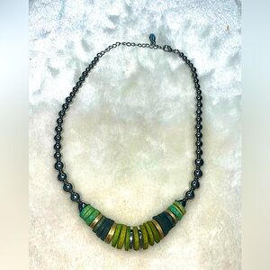 Vtg Cookie Lee Green & Black Circular Beaded Necklace